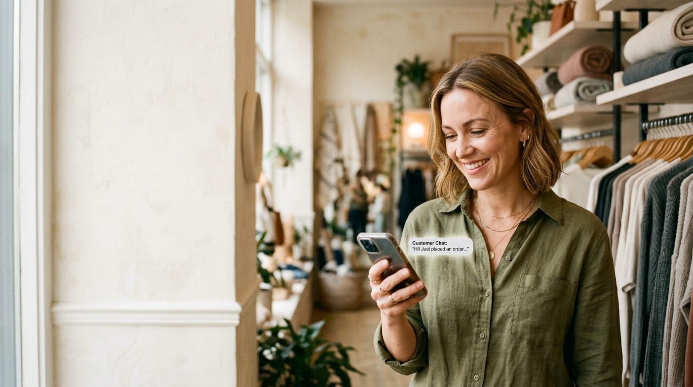 Store owner smiling at a new order notification on her phone