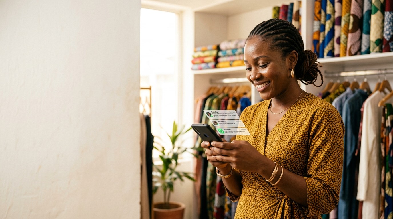 Boutique owner smiling while checking customer chats on her phone