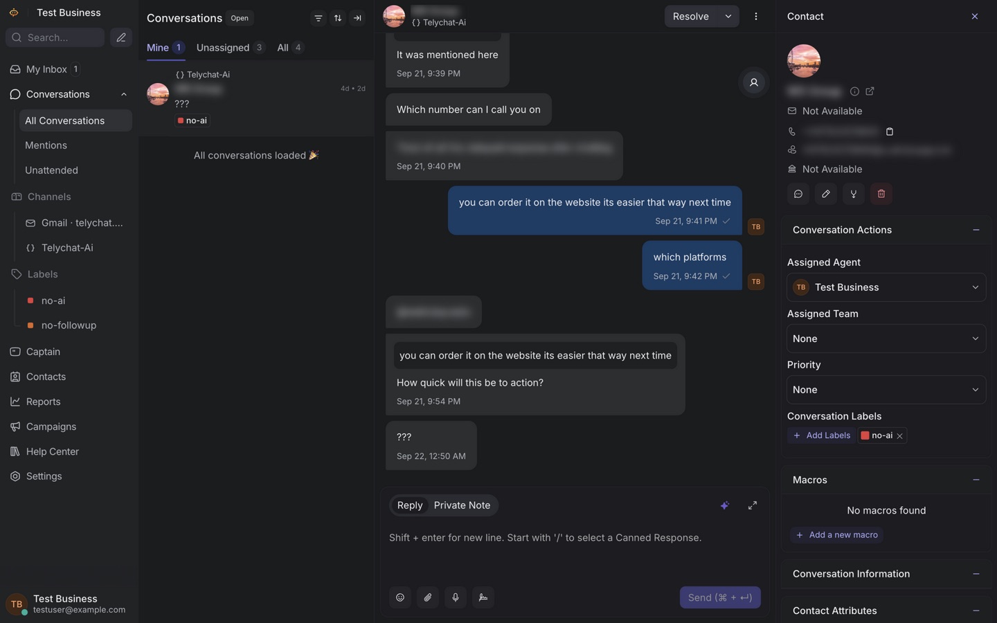 TelyChat AI Live Inbox showing a WhatsApp conversation answered by the AI