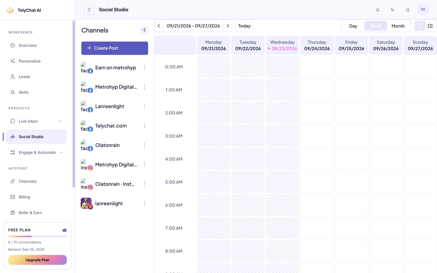TelyChat AI Social Studio content calendar with connected channels