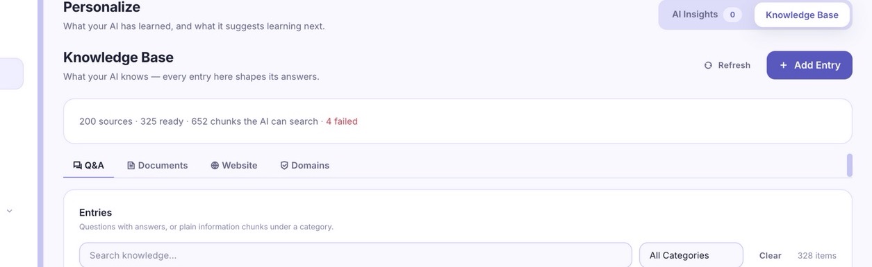 TelyChat AI knowledge base showing sources, indexed chunks and question-and-answer entries